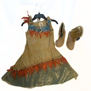 Disney Store Tan and Orange Kids Pocahontas Costume Dress with Fringe Boots